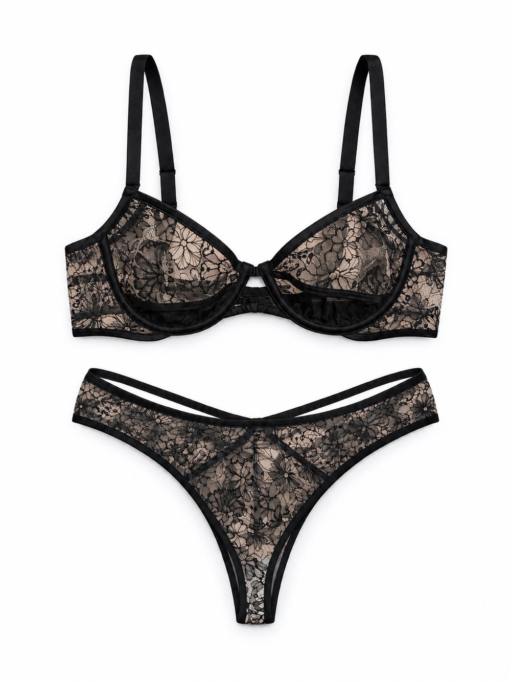 Victoria's Secret Black Lace Underwire Bra & Thong Set